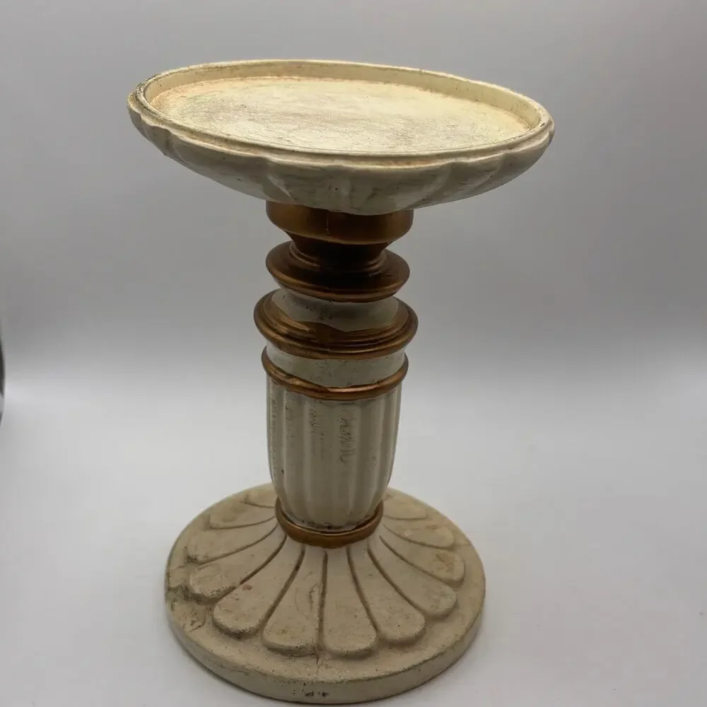 Cream and gold colored pillar candle pedestal French cottagecore VTG distressed
